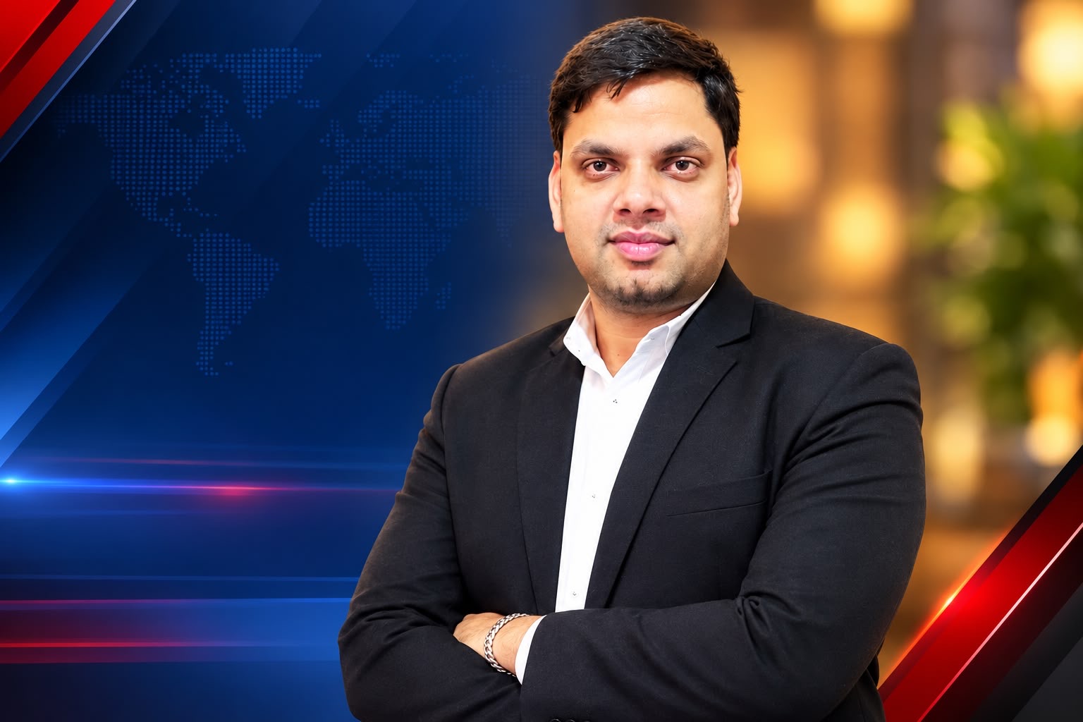 Mohammed Sayeed Shaikh, founder and editor of FAC News, photographed against the Fight Against Criminal news studio backdrop